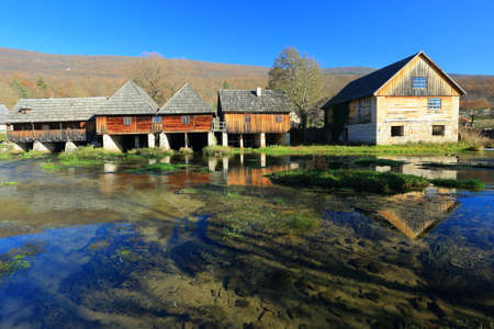 Old wooden water mills on Gacka river, Lika region, Croatiaの写真素材