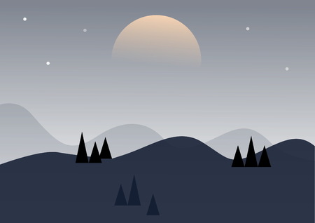 Gray mountains with forest landscape at night with  moon vector.のイラスト素材