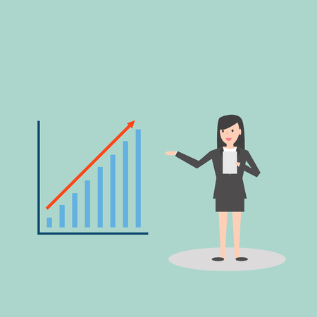 Business woman presenting bar chart report in flat style cartoon character vector illustration.のイラスト素材