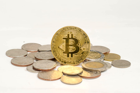 Cryptocurrency golden bitcoin on white background.の写真素材
