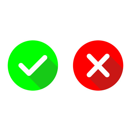 Green checkmark ok and red x flat vector icons.Circle symbols yes and no button for vote.Tick and cross signs with long shadow illustrationのイラスト素材