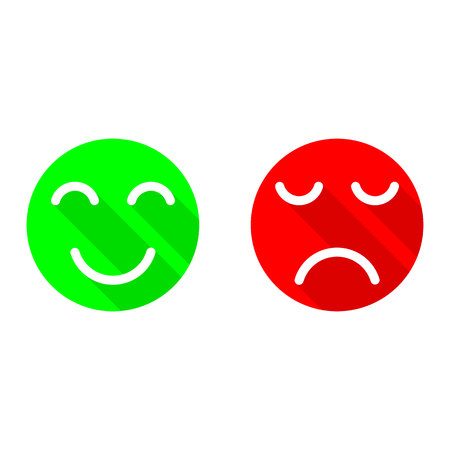 YES - NO or Set of smile emoticons flat vector icon. Happy and unhappy smileys. Green and red color with long shadowのイラスト素材