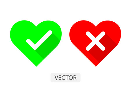 Red and green hearts with Yes and No check marks flat icon vector illustration design for love concept.のイラスト素材