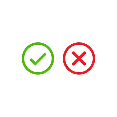Tick and cross signs. Green checkmark OK and red X icons vector. Circle symbols YES and NO button for vote, decision, web, logo, app, UI. illustrationのイラスト素材