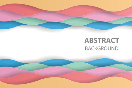 Pink, red, green, blue, and yellow pastel water waves. Paper art cut origami design template for flyers, banners, presentations and posters. Vector illustrationのイラスト素材