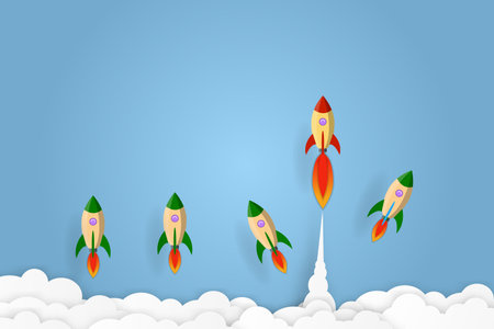 Rocket go to success goal vector business financial concept start up, leadership, creative idea symbol paper art style with copy space for text. illustrationのイラスト素材