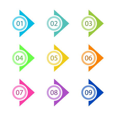 Number Bullet Points Flat Circle and triangle set on white background. Colorful color with number from 01 to 09 for your design. vector illustrationのイラスト素材