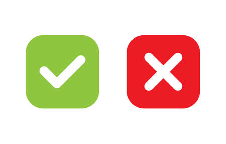 Tick and cross signs. Green checkmark OK and red X icons vector. Square symbols YES and NO button for vote, decision, web,   app, UI. illustration.のイラスト素材