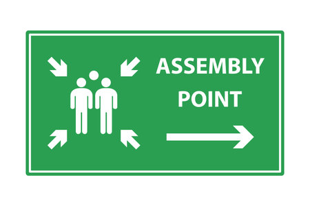 Fire assembly point sign, gathering point signboard, emergency evacuation vector for graphic design, logo, website, social media, mobile app, UI illustrationのイラスト素材