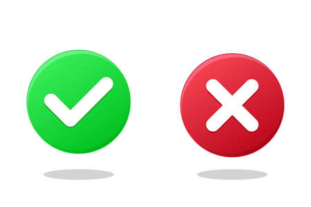 Tick and cross signs. Green checkmark OK and red X icons vector. Circle symbols YES and NO button...