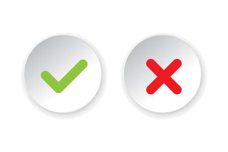 Tick and cross signs. Green checkmark OK and red X icons vector. Circle symbols YES and NO button for vote, decision, web,  app, UI. illustration.のイラスト素材
