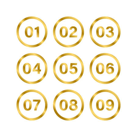 Number Bullet Points Flat circle set on white background. Gold color with numbers from 01 to 09 for your design. vector illustrationのイラスト素材