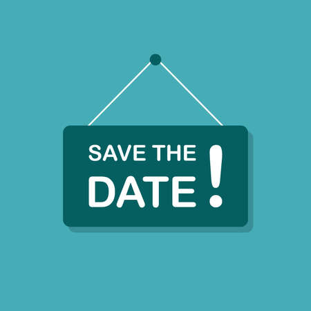 Save the date sign hanging on green background for graphic design, logo, website, social media, mobile app, UI vector illustrationのイラスト素材