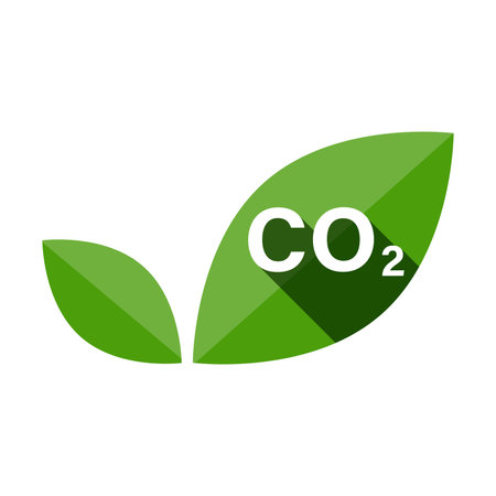 green leaf ecological icon vector with the text CO2 carbon emissions free industrial production eco-friendly no air atmosphere pollution for graphic design, logo, website, social media, mobile appのイラスト素材
