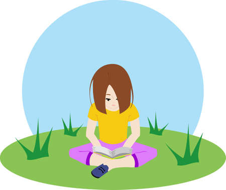A girl is reading a book on the lawn.のイラスト素材