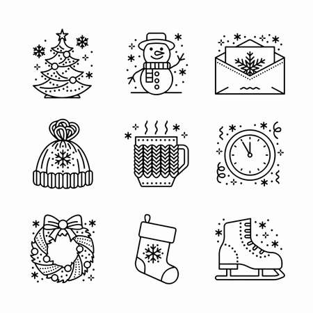 Set of flat outlined Christmas icons on white backgroundの写真素材