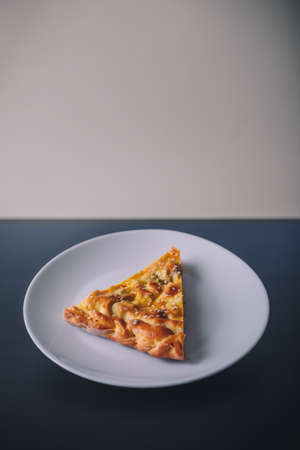 Piece of meat and carrot pie on white plate on black wooden background. Tasty healthy food. Diet, nutrition, eating habits concept. Place for textの写真素材