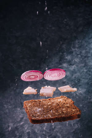 Flying rye bread, lard slices and red onion with sipping salt on gray