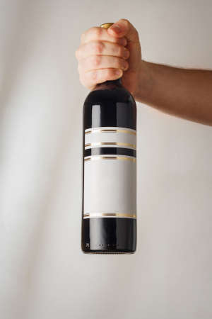 Male hand holds big bottle of red semisweet sweet or dry wine with no brand label, mockup template. Vertical shot, white backgroundの写真素材