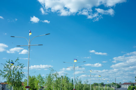 Many Ukrainian yellow and blue national flags on street lamps fluttering on blue cloudy peaceful sky...