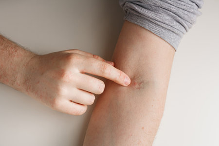 Forefinger points on vein injection mark on arm. Bruising, redness from syringe puncture. Patient or...