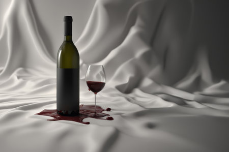 Bottle of red wine with a glass on a white cloth backgroundの素材