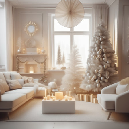 Christmas tree with candles in a modern living room. 3d renderingの素材