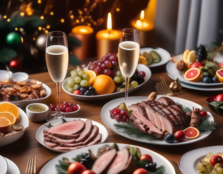 Christmas table with glasses of champagne and meat on the wooden table. New Yearの素材