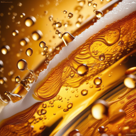 close up of beer with foam and bubbles in a yellow beer backgroundの素材