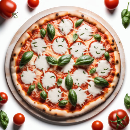 Pizza Margherita with mozzarella, tomatoes and basil on white backgroundの素材
