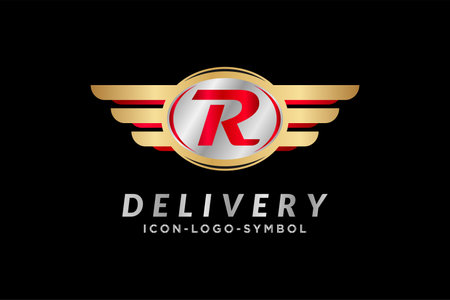 transportation logo design concept, red letter R with wing in white background , car logo, cargo .shipping. drop ship .vector graphic logo design illustrationのイラスト素材