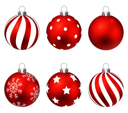 Red christmas balls on gift bows isolated on white. Set. Vector illustration.のイラスト素材