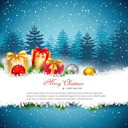 Christmas night - background with gift boxes and baubles in the snow. vector illustration.のイラスト素材