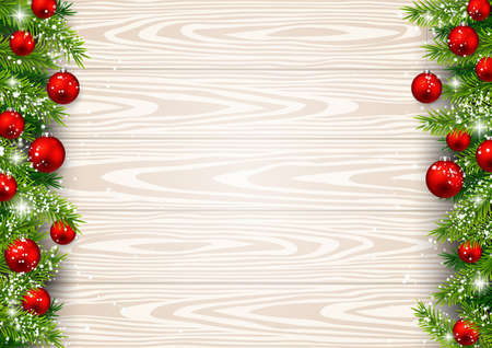 Background christmas wood with fir branches and christmas ball. Vector illustrationsのイラスト素材