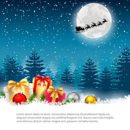 Christmas night - background with gift boxes and baubles in the snow. illustration.の写真素材