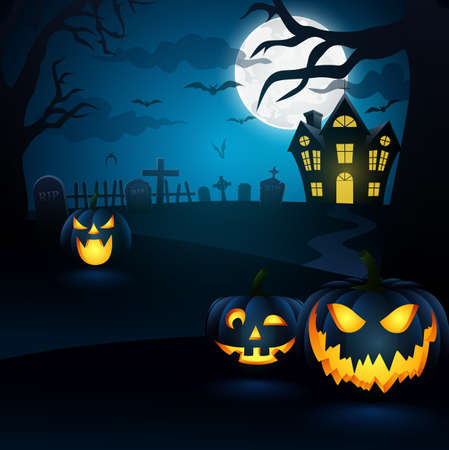 Halloween background. Spooky forest with dead trees and pumpkins,vector illustrationのイラスト素材