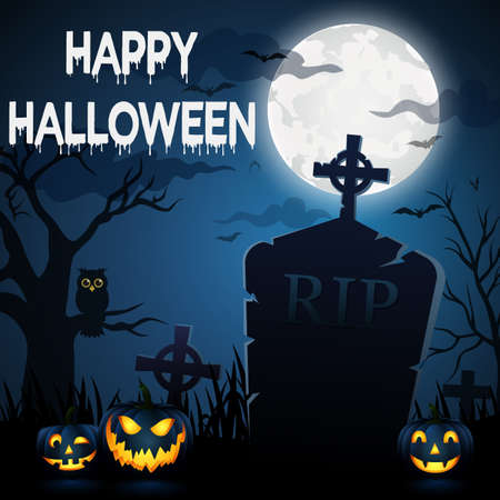 Halloween illustration - Graveyard with a pumpkin in the background of a blue moon.のイラスト素材
