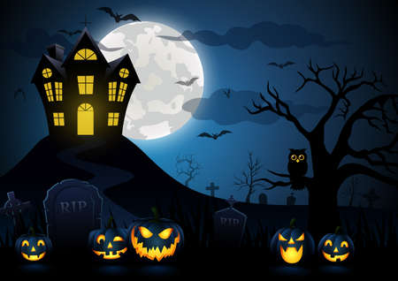 Halloween pumpkin and spooky house with blue moon background,vector illustrationのイラスト素材
