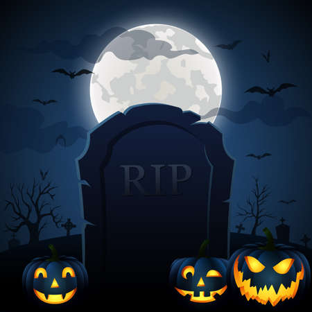 Halloween illustration - Graveyard with a pumpkin in the background of a blue moon.の写真素材
