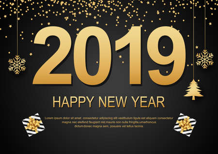 Happy New Year 2019 Black background with gold confetti .vector illustrationのイラスト素材