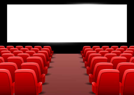 Cinema auditorium with red seats and blank screen. Vector illustrationのイラスト素材