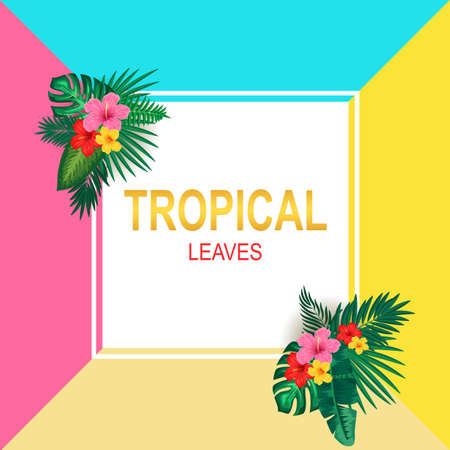 Colourful and vibrant tropical border design with flowers, palm leaves. Vector illustrationのイラスト素材