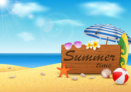 Summer time with vintage wood background. vector illustrationのイラスト素材