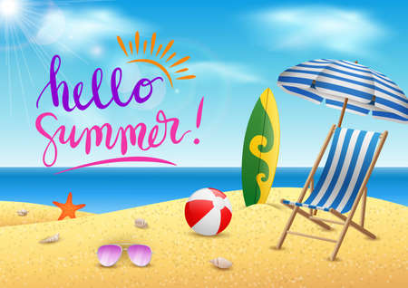 Illustration Summer time, sea, beach with beauty blue sky background. vector illustrationのイラスト素材