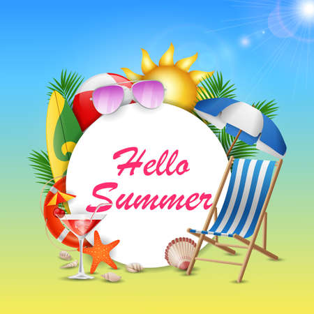 Hello Summer banner design concept with beauty blue sky background. Vector illustrationのイラスト素材