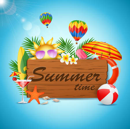 Summer time Holiday typographic illustration on vintage wood background. vector illustrationのイラスト素材