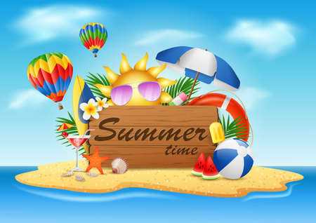 Summer vacation, typographic illustrations on beach island with vintage wooden background. illustrationの写真素材