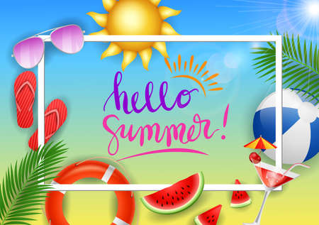 web banner Hello summer with beauty blue sky background . illustrationの写真素材