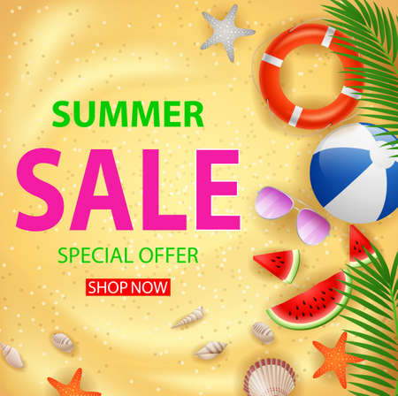 summer sale with beach sand background. illustrationの写真素材