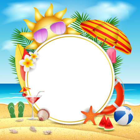 Summer banner design concept in beach island with beauty blue sky background. illustrationの写真素材